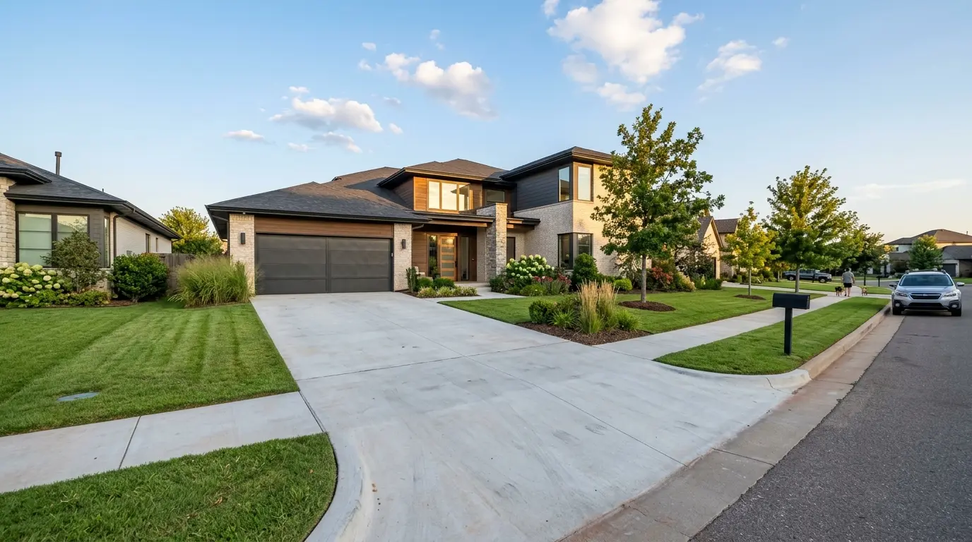 Freshly finished concrete driveway at a modern Oklahoma City home by Belmont Concrete Co.